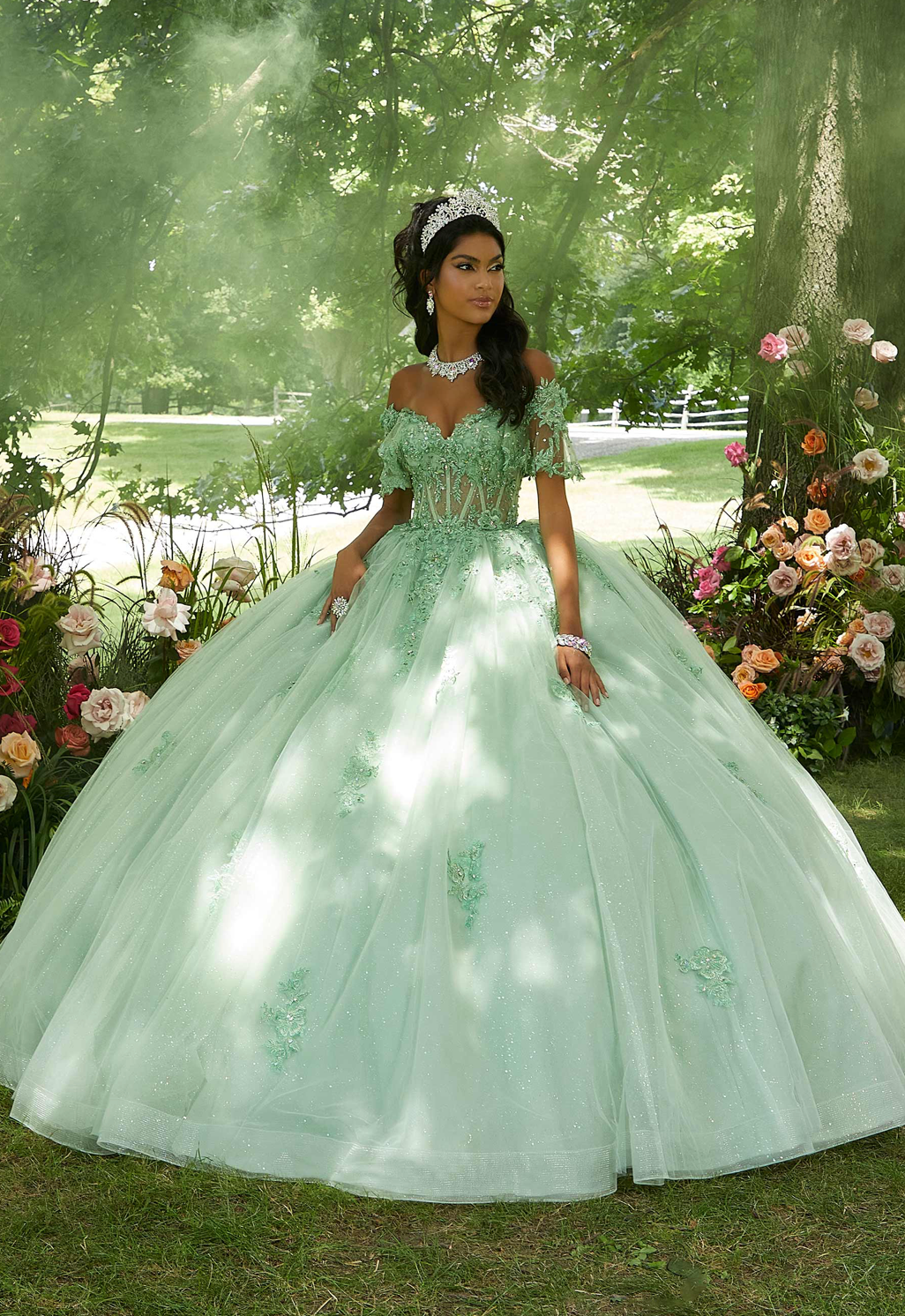 Crystal Beaded Floral Embroidered Quinceañera Dress with Sheer Midriff