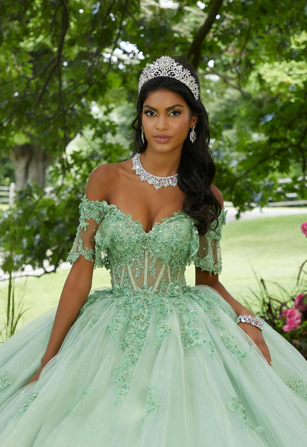 Crystal Beaded Floral Embroidered Quinceañera Dress with Sheer Midriff