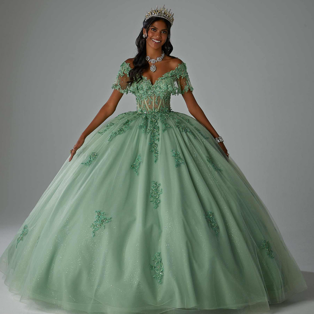 
                  
                    Crystal Beaded Floral Embroidered Quinceañera Dress with Sheer Midriff
                  
                