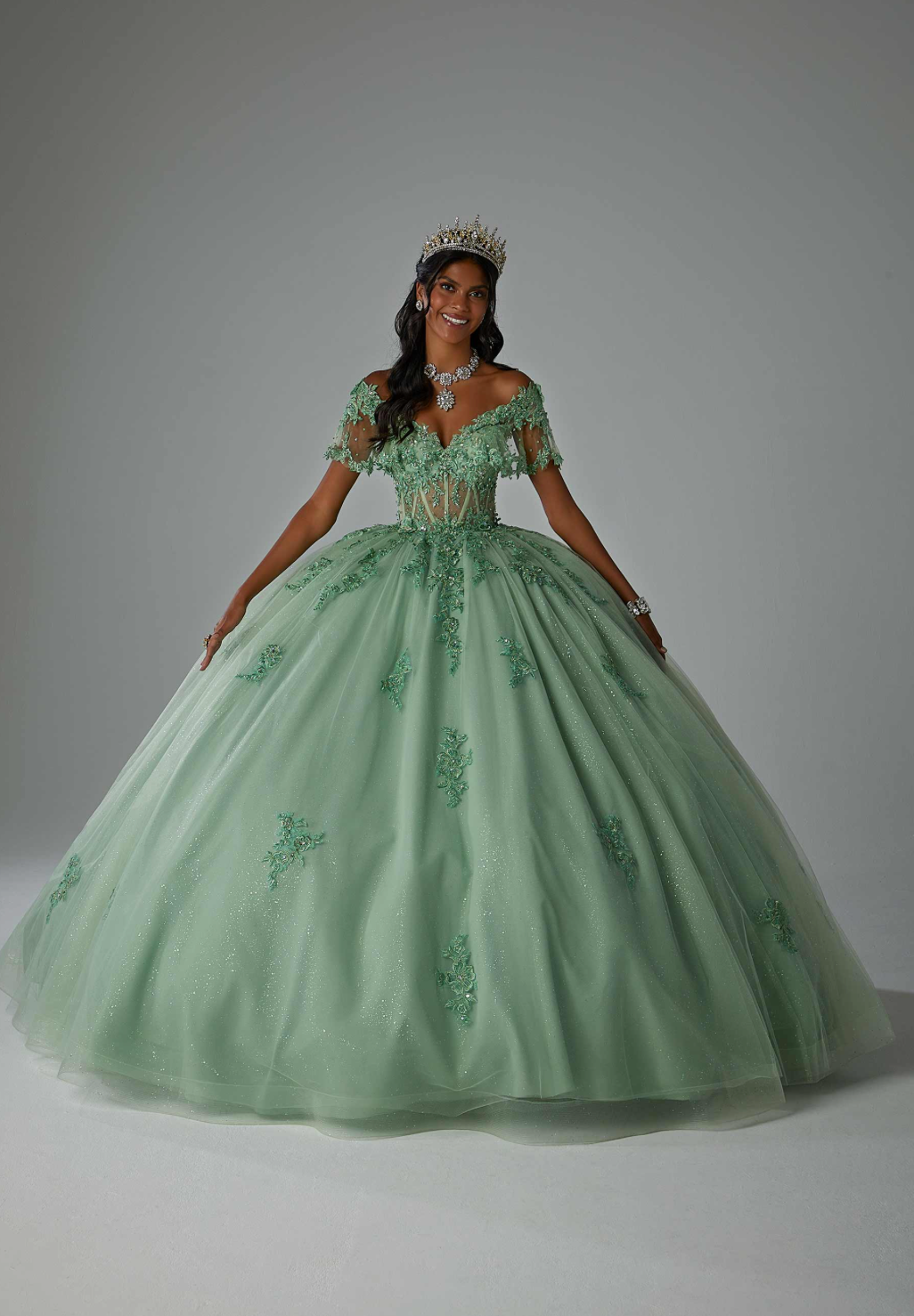 Crystal Beaded Floral Embroidered Quinceañera Dress with Sheer Midriff