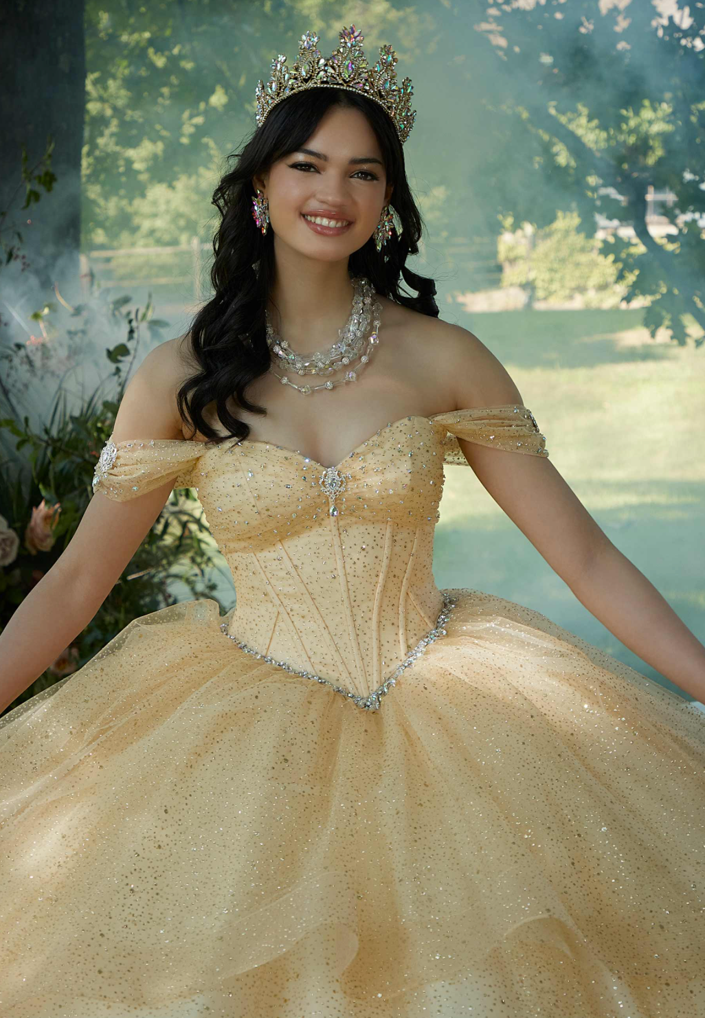 Rhinestone and Patterned Glitter Quinceañera Dress with Skirt Overskirt