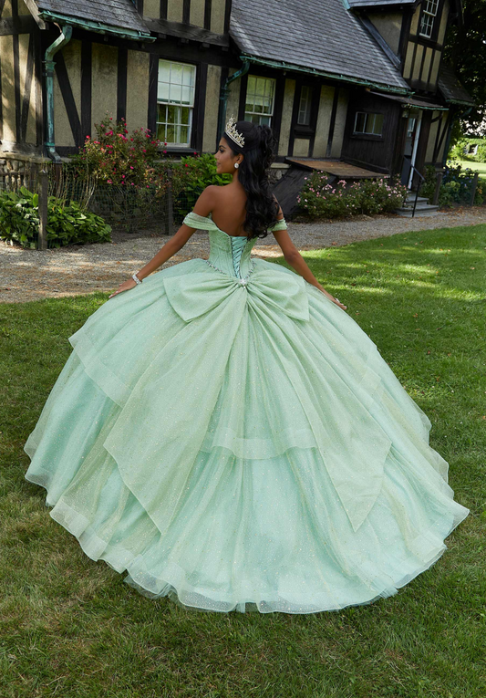 Rhinestone and Patterned Glitter Quinceañera Dress with Skirt Overskirt